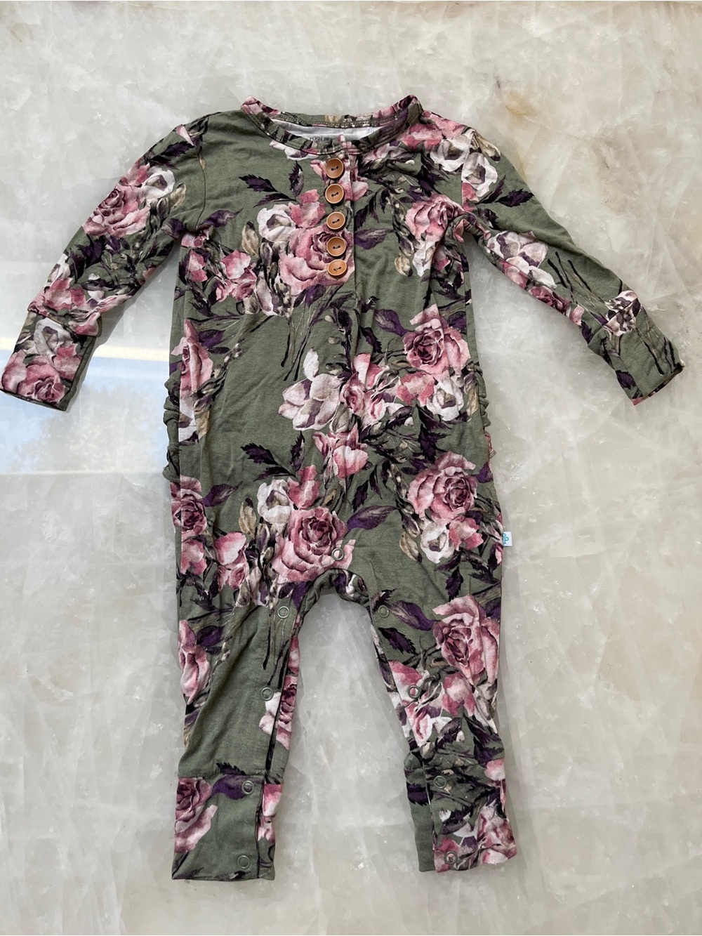 Posh Peanut Olive Floral One-Piece with Pink Roses ruffle butt